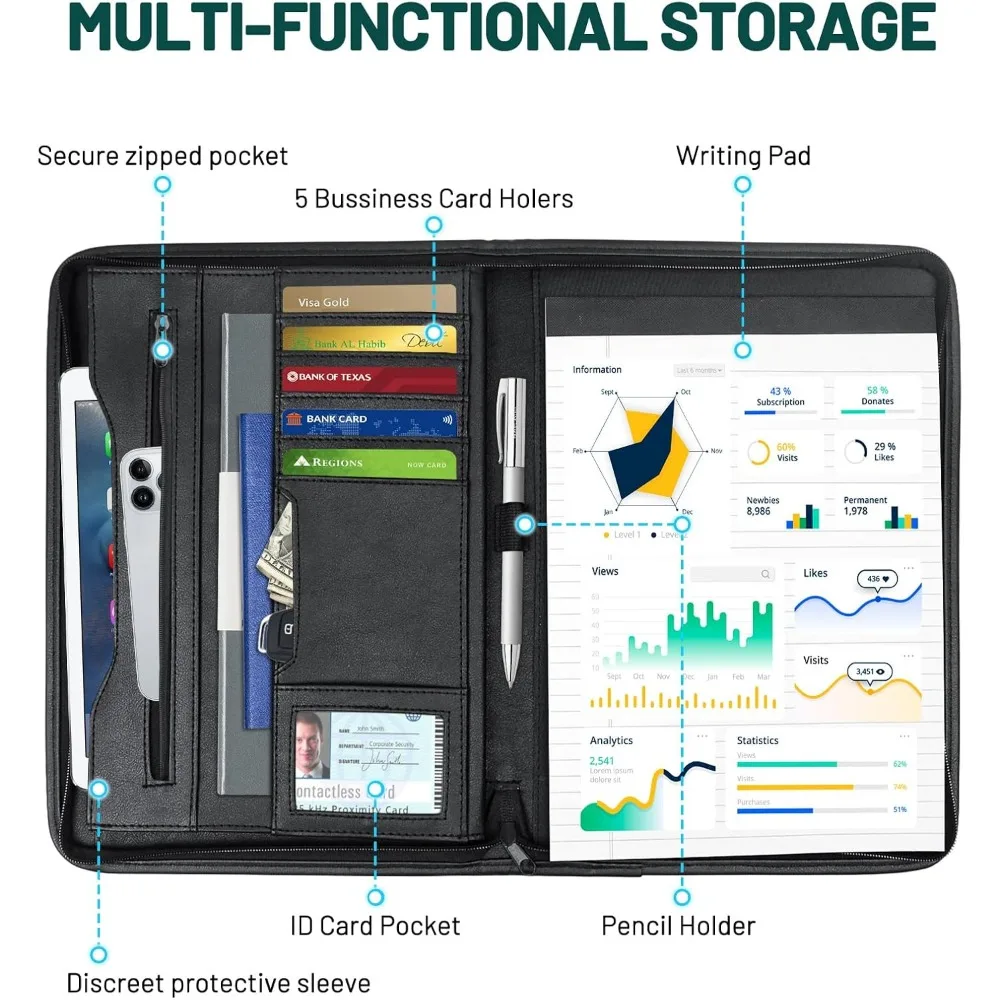ผลงานธุรกิจสำหรับผู้ชาย 10 "x 13.5"แฟ้ม Padfolio พร้อมซิป, โฟลิโอหนังเทียมสำหรับใบสมัคร, เอกสาร, โทรศัพท์, แท็บเล็ต,