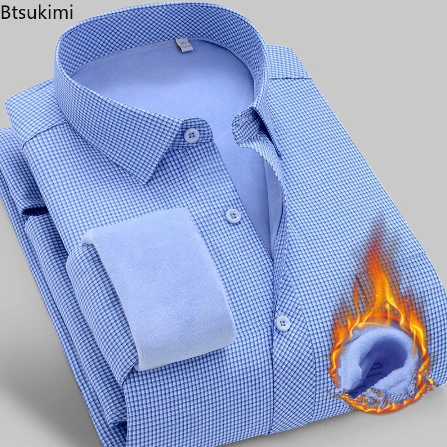 

2026 Men's Long Sleeved and Flannel Fake Two-piece Warm Shirts Autumn and Winter New Style Elastic Business Casual Shirt for Men