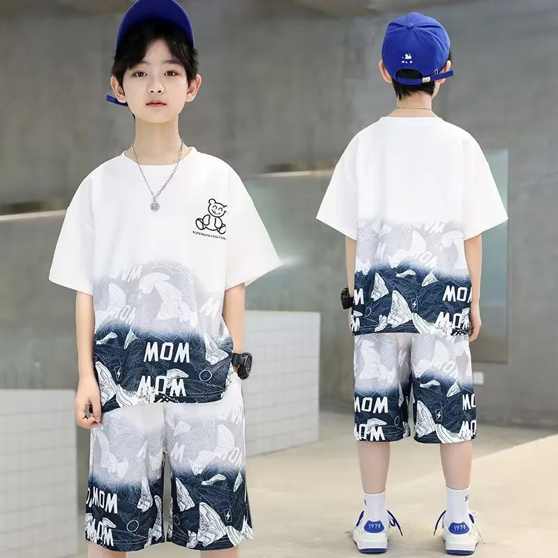 2026 new summer boys set Clothes teenager print bear short sleeve t-shirt + thin shorts pant 4 5 6 8 10 11 12 year Casual letter