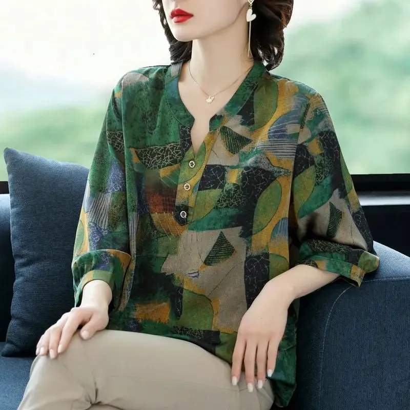 Casual Vintage Female Printed 3/4 Sleeve Tops 2023 Summer Loose All-match Round Neck Spliced T-shirt Fashion Women\'s Clothing