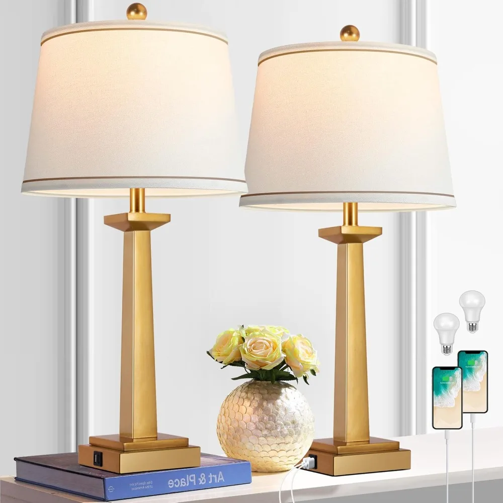 

ROTTOGOON 29" Gold Table Lamps for Living Room Set of 2, 3-Color Temperature Nightstand Modern Lamps with Dual USB Charging Port