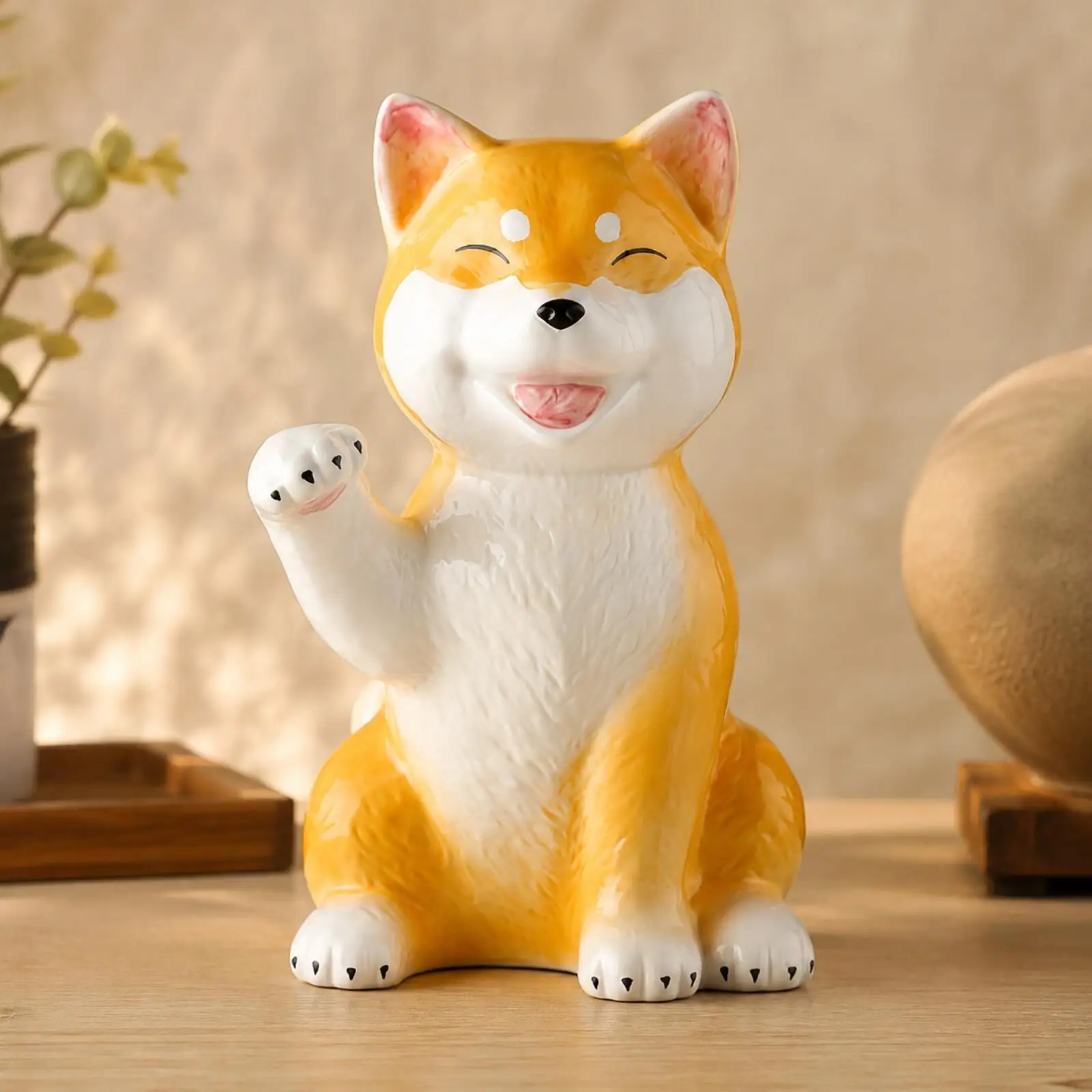 Japanese Spitz Dog Ceramic Figurine Cute Smiling Shiba Decor for Dining Room Shoe Cabinet Shelf Accent