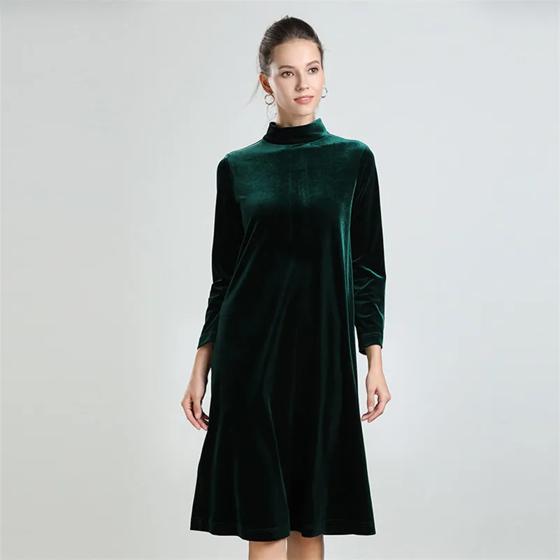 Women Fashion Half Turtleneck Velvet Dress Knee Length Long Sleeve Solid Party Dress Female Autumn Vestido faldas largas