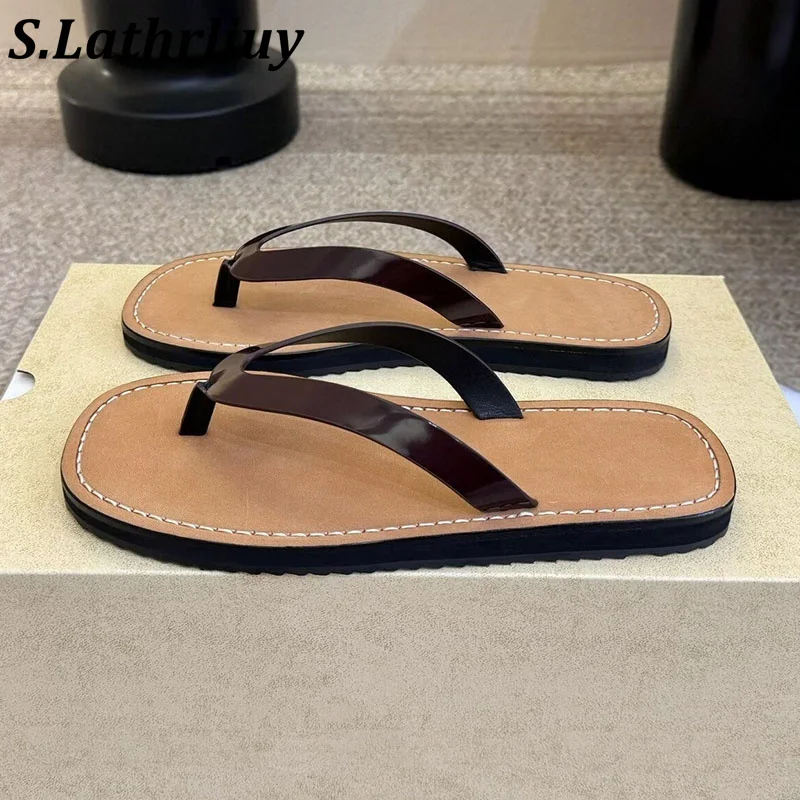 Flip flops 2026 women's new leather open toe slippers comfortable and casual seaside vacation sandals minimalist lazy flat shoes