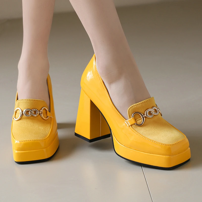 Extra Big Size 49 50 Bright Yellow Metal Crystal Chain Woman\'s Pumps Spring Fall Shoes Slip-on Loafers Platform Block High Heels