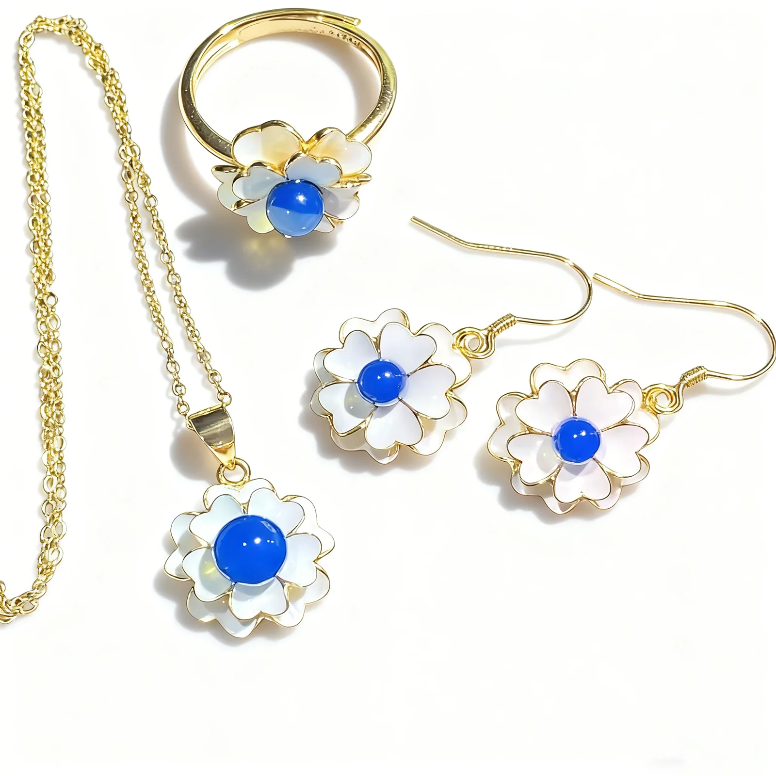 

Natural Mexico Blue Amber Daisy Jewelry Set 6mm 5mm 4mm S925 Sterling Silver Earrings Necklace for Women Gift