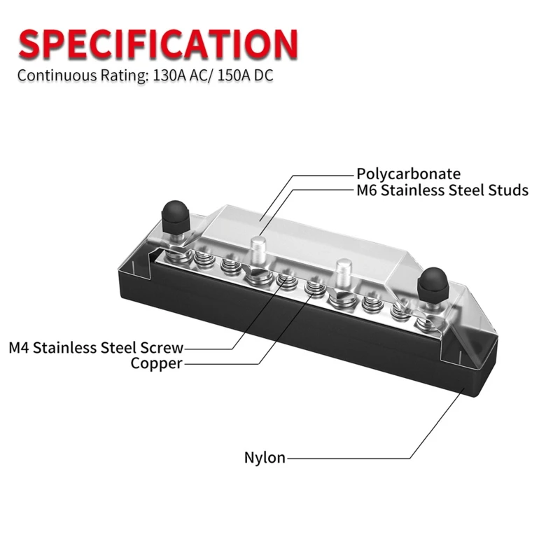 10 Terminal Single-row Bus Bar 150A BusBar Block with Cover M6 Power Distribution Terminal Block for Car Boat