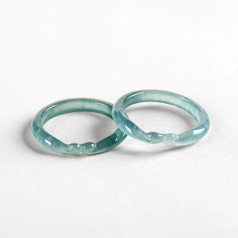 

Original Natural A-grade Jade Blue Water Ru Yi Ring Three-dimensional Carving Ice Jadeite Personalized Men Women Couples Gift