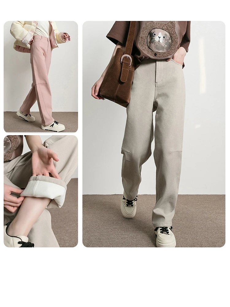 

Модные джинсовые брюки с цветочным принтом для женщин, с высокой талией, на резинке, на флисовой подкладке, прямые, длинные, зимние, повседневные