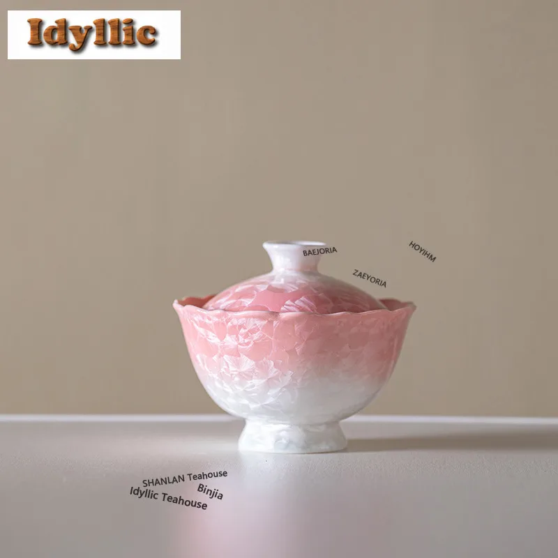 105ml Crystal Glaze Gradient Pink Gaiwan Boutique Tea Tureen Tea Bowl With Lid Kit Tea Maker Cover Bowl Tea Ceremony Collection