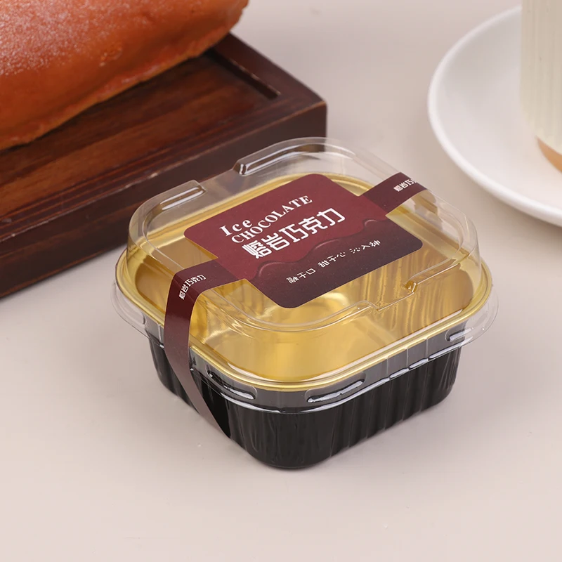 10/20Sets Black Gold Cake Cups Aluminum Foil Cake Box With Lids Spoons Mousse Dessert Packaging Boxes Baking Molds Party Favors