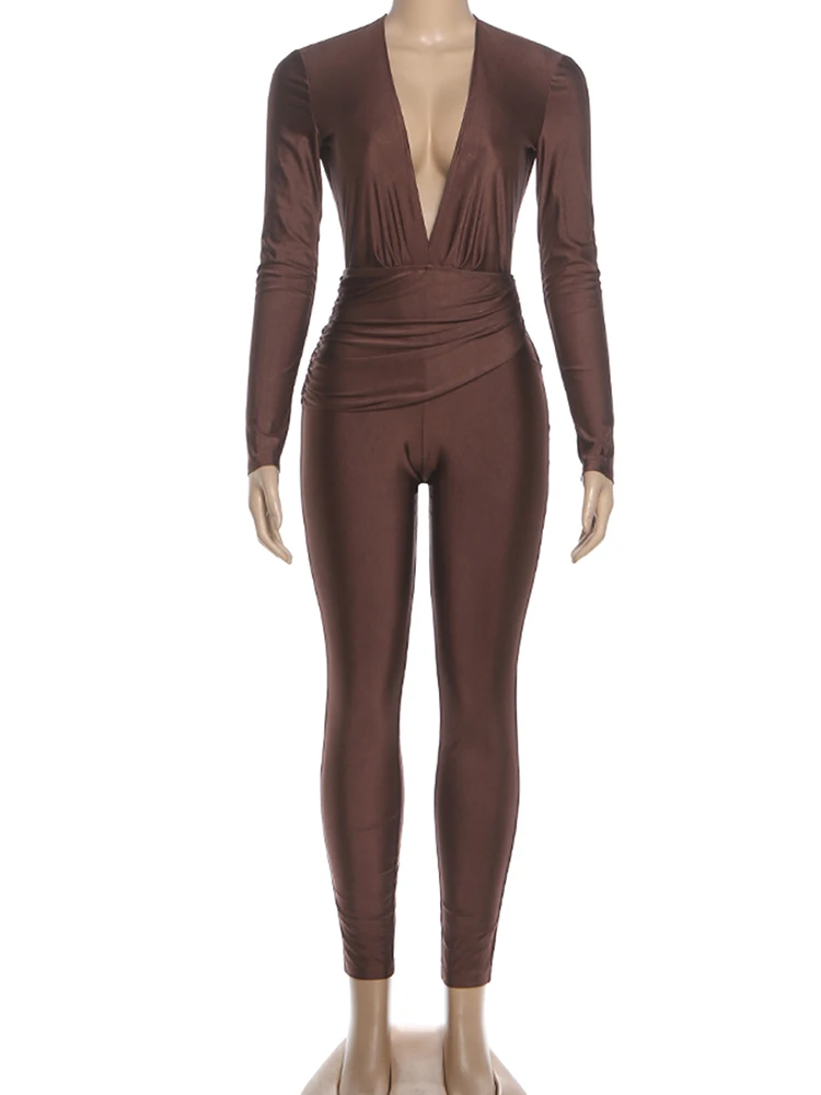 بدلة قفز مثيرة عالية المرونة من Whatiwear للسيدات بفتحة رقبة شكل v عميقة وأكمام طويلة نحيفة بدون ظهر منتصف الليل ملابس شارع كلاسيكية عصرية #6