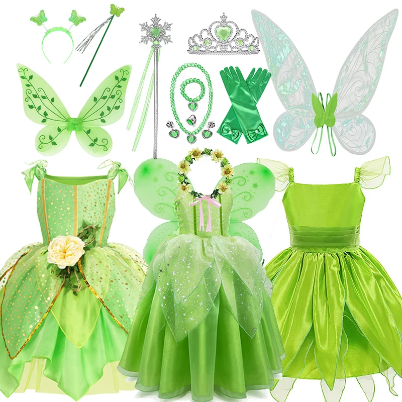 

Fairy Tinker Bell Fairy Elf Wings Dress for Girls Princess Costume Kids Cosplay Green Flower Tinker Bell Carnival Party Clothes