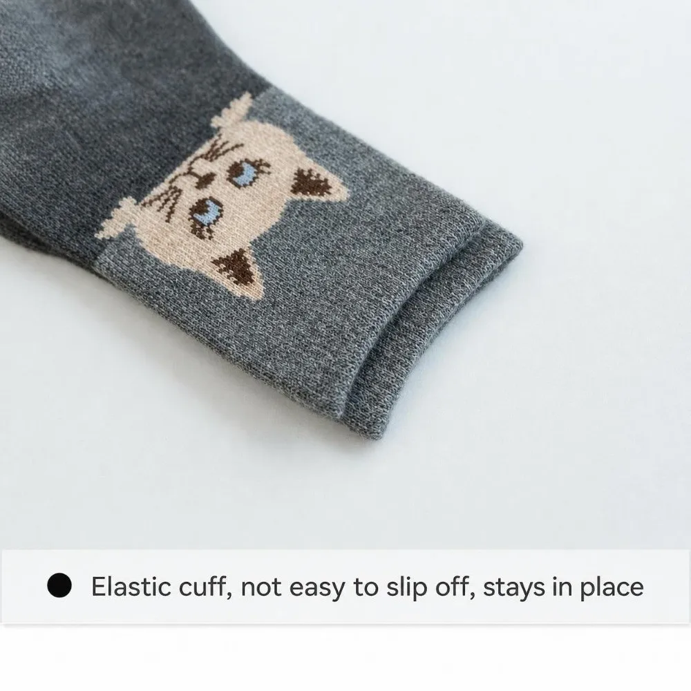 5 Pairs Cotton Cartoon Cat Socks Jacquard Elastic Cuff Cotton Crew Socks Sweat Wicking Skin-Friendly Kitten Printed Socks