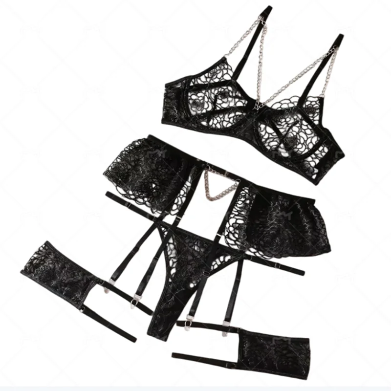 

Sexy Lingerie Suit for Women Chain Patchwork Mesh Hollow Out See-through Women's Exotic Garters 3-piece Set Underwear