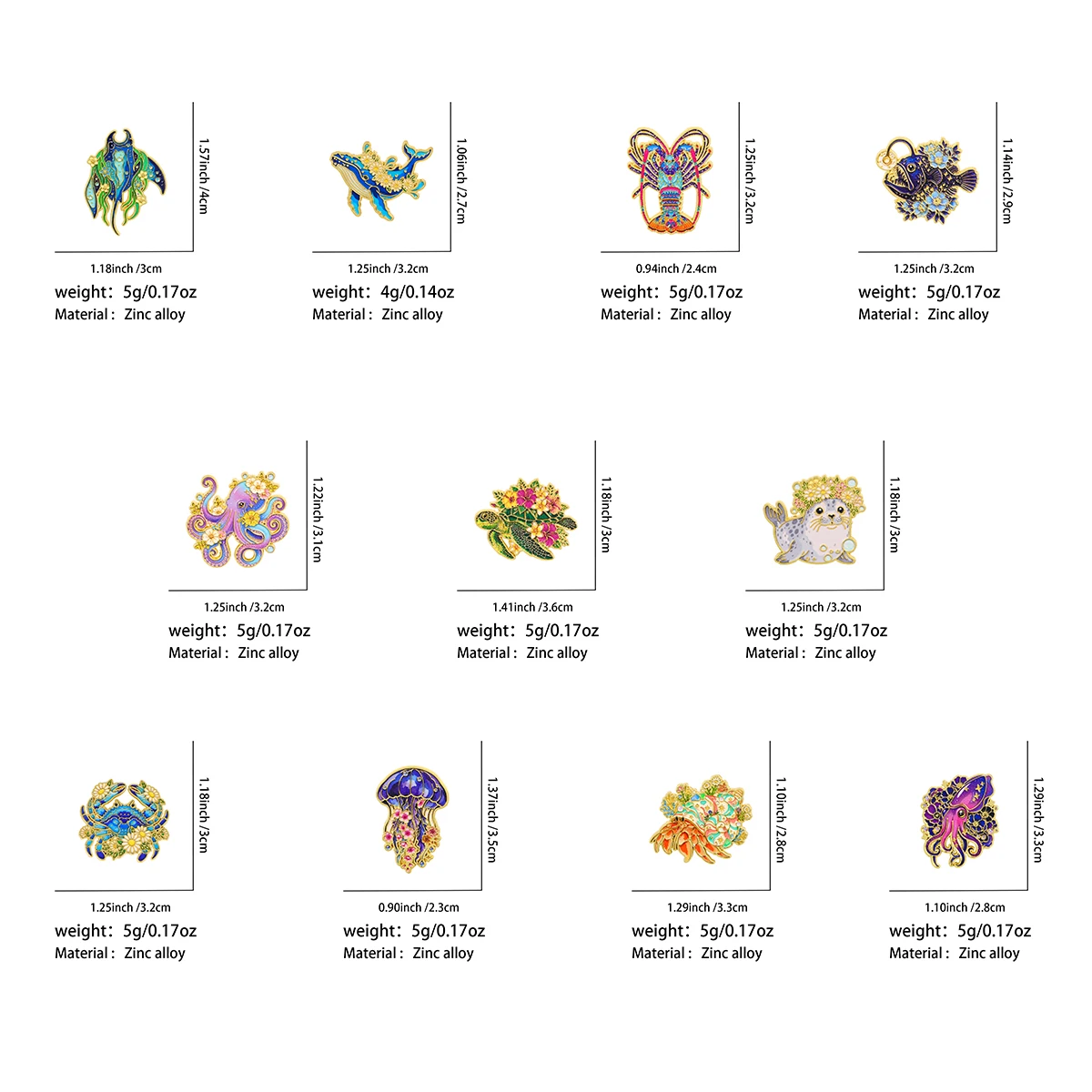 11-teiliges Set Schöne Blumen- und Meerestier-Emaille-Pins Niedliche Wal-Oktopus-Schildkröten-Brosche Rucksack-Anstecknadel Schmuck-Accessoires Geschenke – Detail 1
