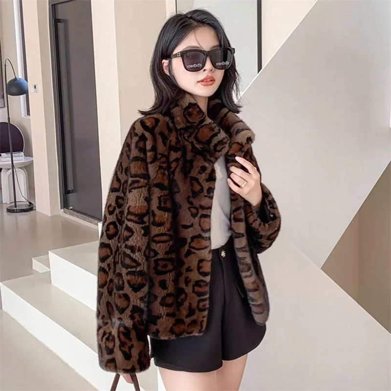 Leopard-print Fur Coat Women's Short Mink Fur Jacket Autumn Winter Stand-up Collar Thicken Casual Outerwear Faux Fur Overcoat