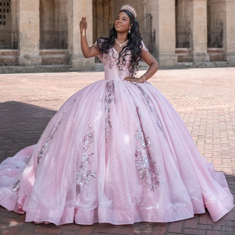 

Светло-розовые блестящие платья Quinceanera с открытыми плечами и блестками, аппликация, кружево, бисер, кристалл, корсет, тюль, вечеринка, день рождения, сладкий 16