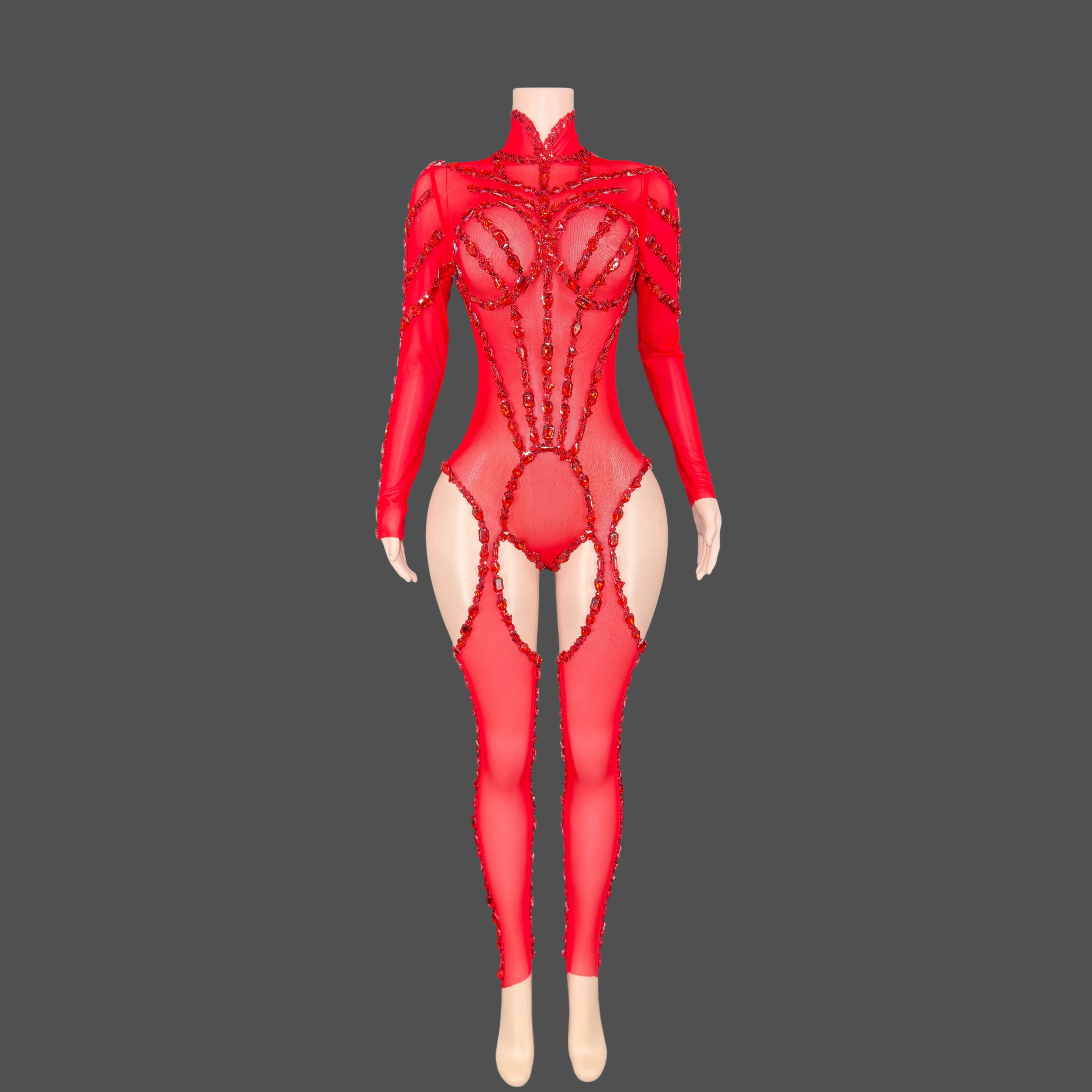 Adult Performer Pole Dance Costume Woman Rhinestones Mesh Transparent Bodycon Jumpsuit Adult Show Performance Outfits