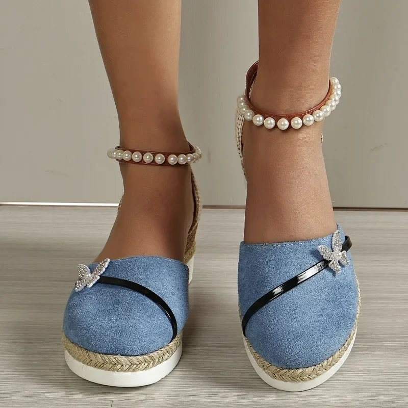 New 2024 Summer Women Butterfly Pearl Linen Plain Wedge Sandals Bohemian Ladies Casual Comfortable Espadrilles Platform Shoes