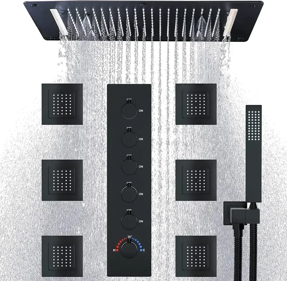 Thermostatic LED Matte Black Shower Mixer System 28X15 Inches Super Large Bathroom Shower Sets  with Waterfall Rain Mist Show