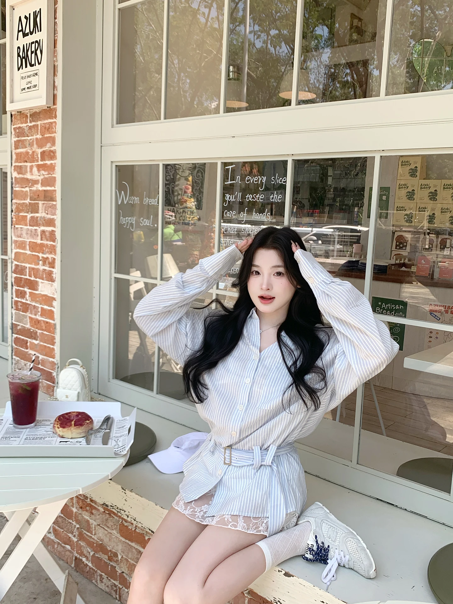 

Синяя полосатая кружевная рубашка с длинным рукавом, женский весенний комплект из двух предметов в стиле «Банан», милый дизайн, приятный к телу, дышащий