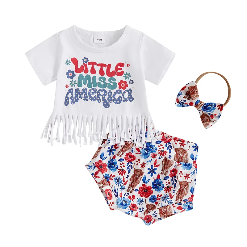 4th of July Baby Girl Outfits Letter Print Tassel Short Sleeve T-Shirt Shorts Headband Set Fourth of July Outfit