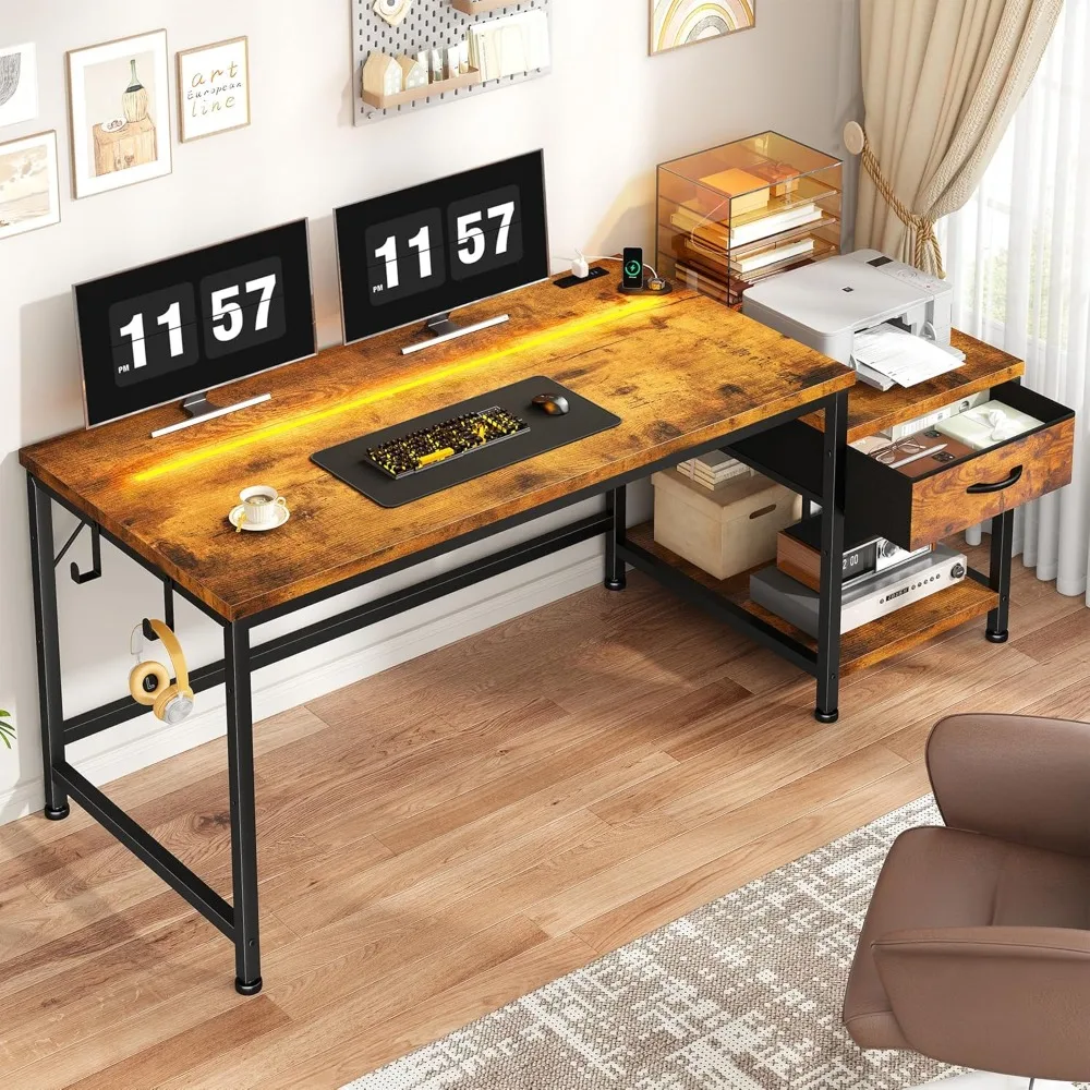 

56 Inch Computer Desk,Reversible Office Desk with LED Lights & Power Outlets,Writing Desk with Wide Tabletop for Study,Writing