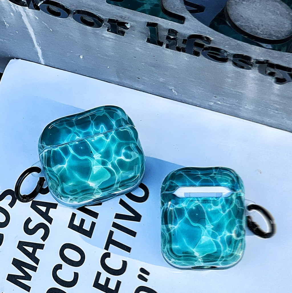 أزياء الصيف الأزرق تموج الماء نمط متموجة حافة هوك غطاء ل AirPods 1 أو 2 3 4 AirPods Pro Pro2 Pro3