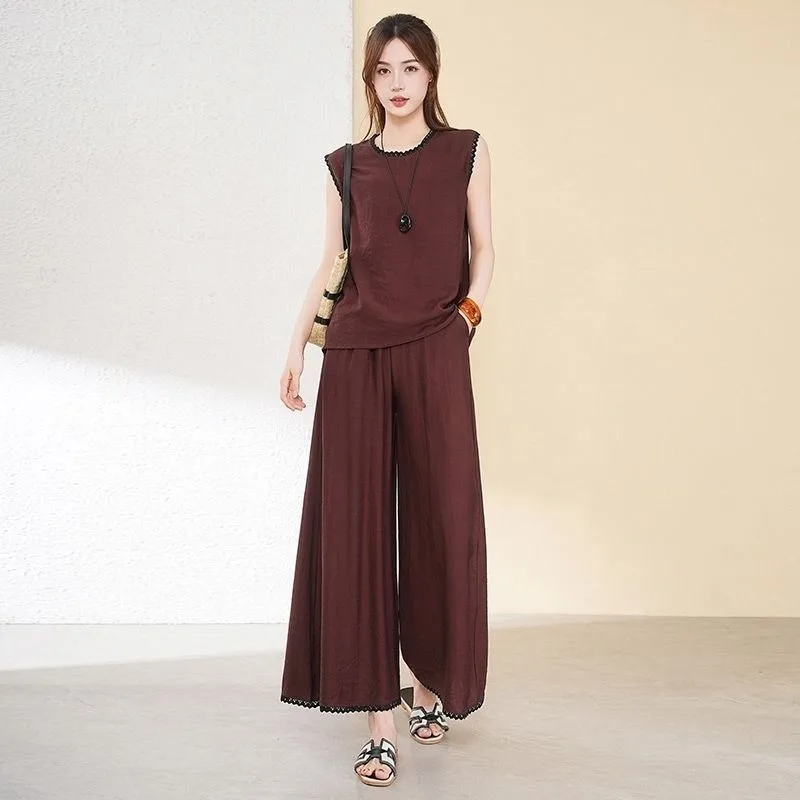 

Women's Lace Trim Sleeveless Top Wide Leg Pants Two Piece Set