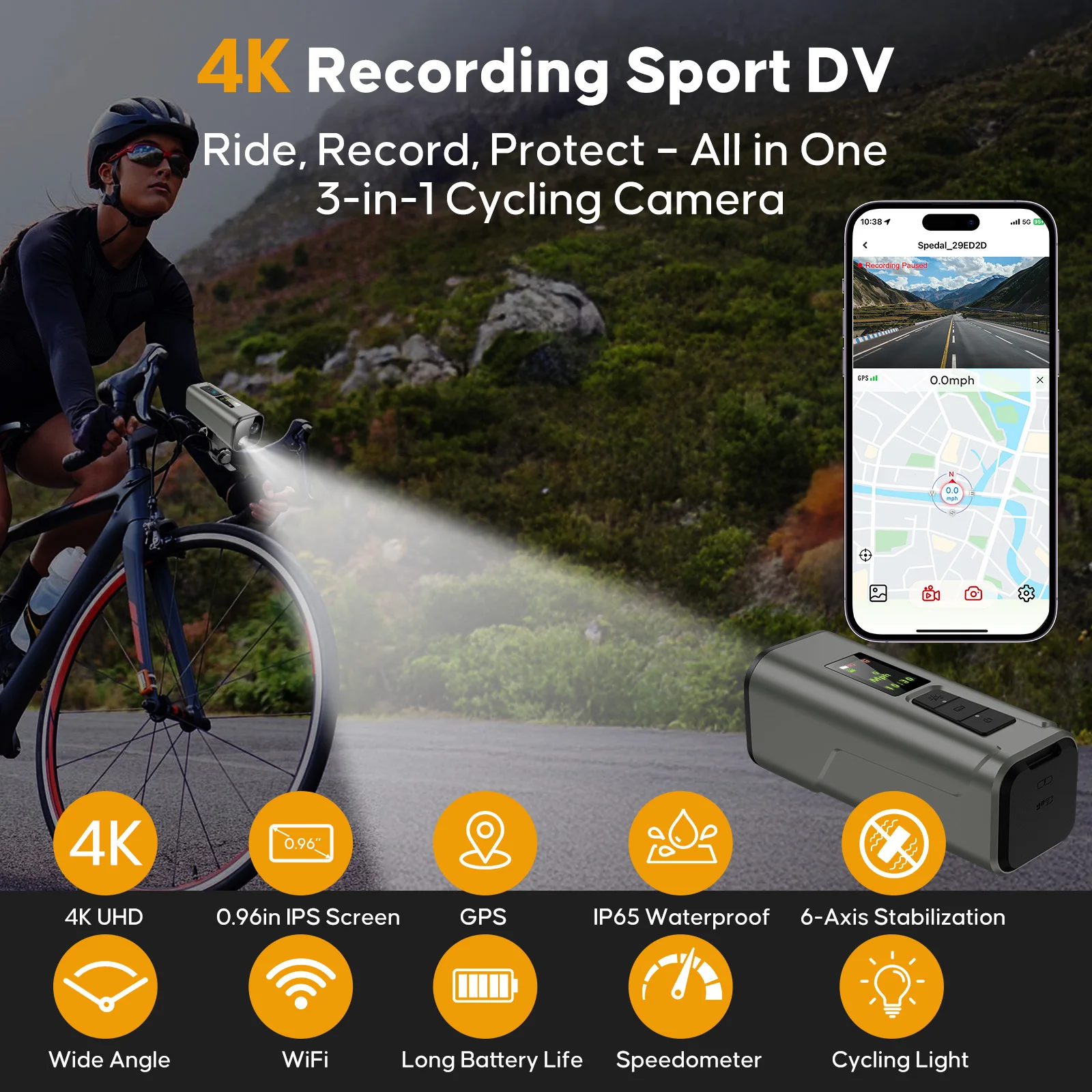 كاميرا HUPEJOS 4K UHD مع جهاز تعقب GPS، كاميرا دراجة لاسلكية، مضادة للاهتزاز، DV رياضية IP65 مقاومة للماء، ضوء دراجة، دعم التطبيق