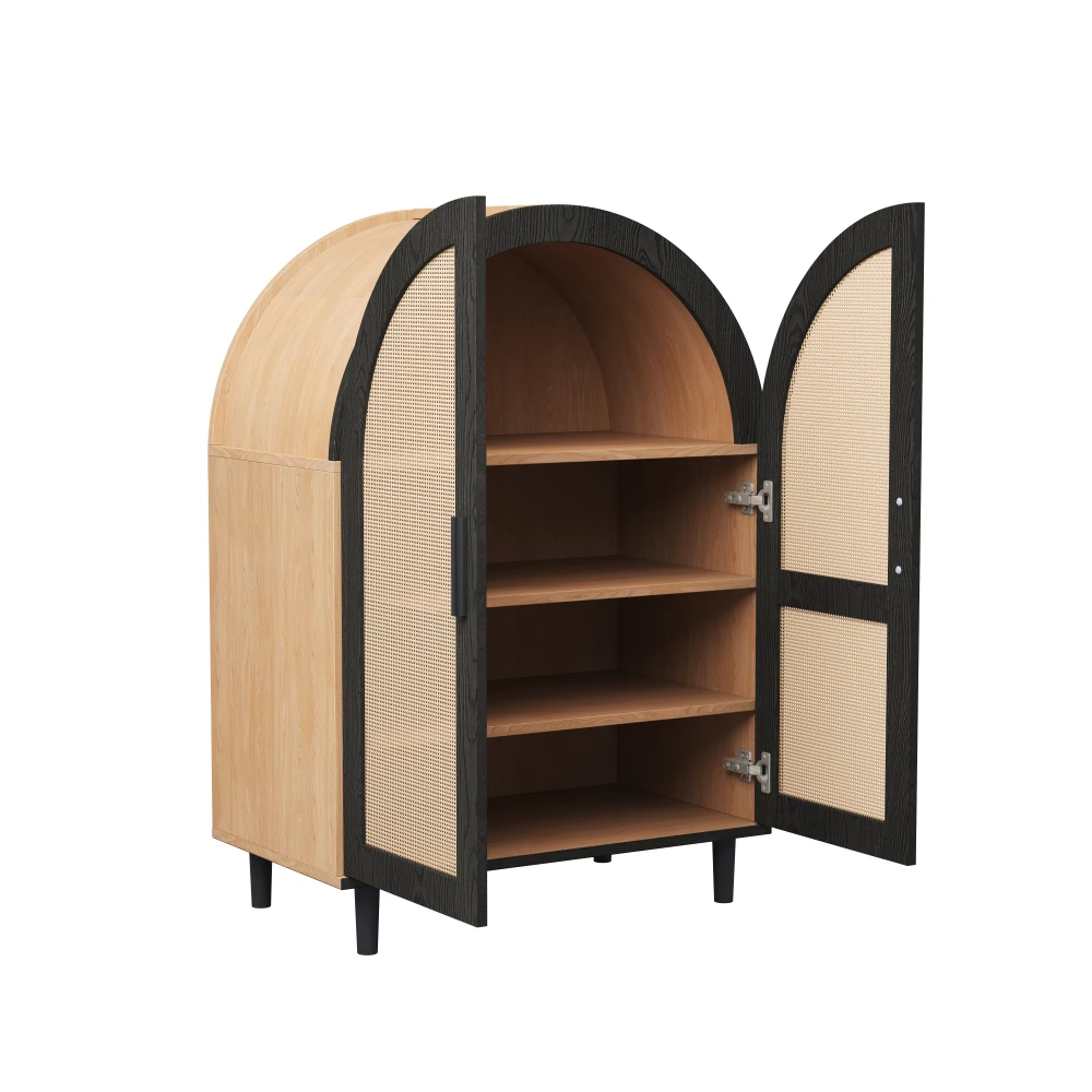 Elegantes Sideboard/Schuhschrank mit abgerundeten Außentüren, gebrochenen Rattan und drei Regalen. – Detail 19