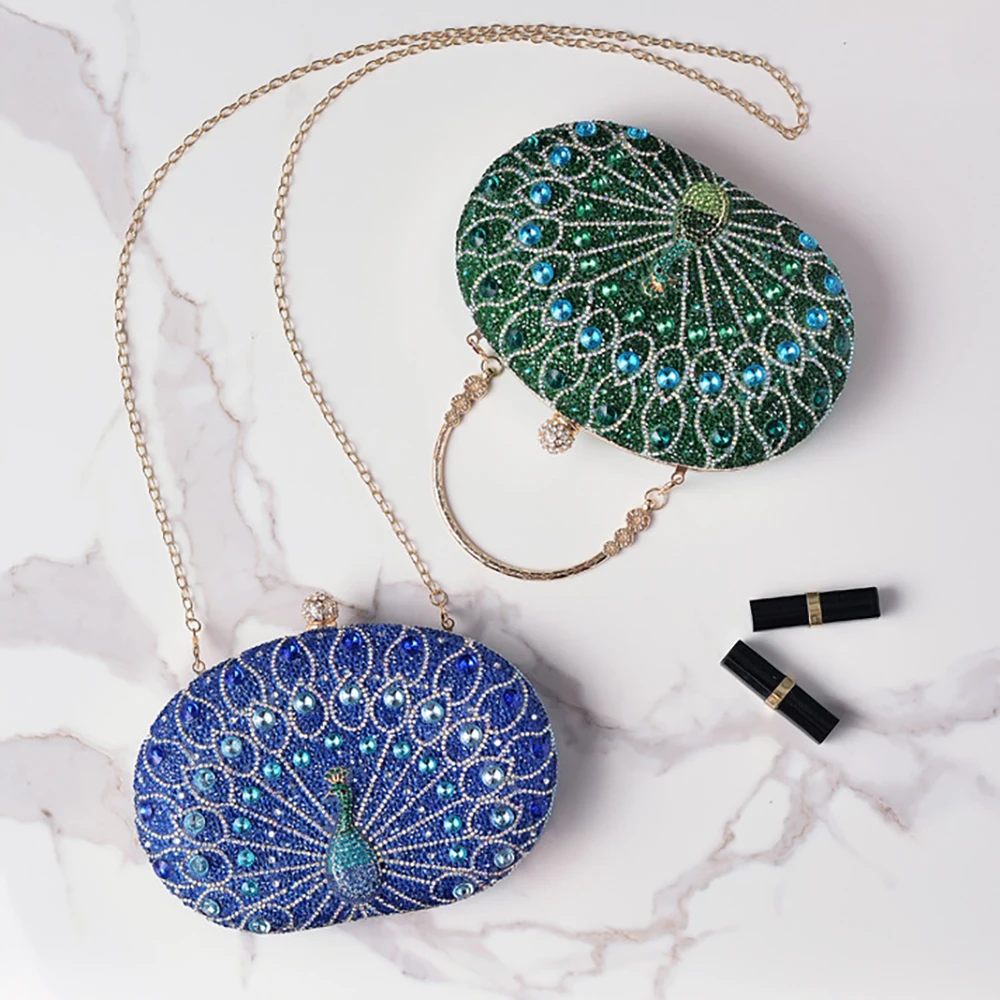 Green Peacock Woman Bags Diamond Vintage Party Evening Handbag Crossbody Shoulder Bag for Ladies Bling Luxury Designer Purses