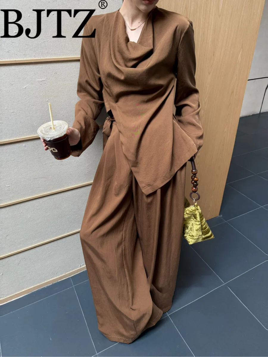 

BJTZ Elegant Temperament Lace-up Waist Top+wide Leg Casual Pant Two Piece Set For Women 2025 Spring Autumn Trendy Loose Sets