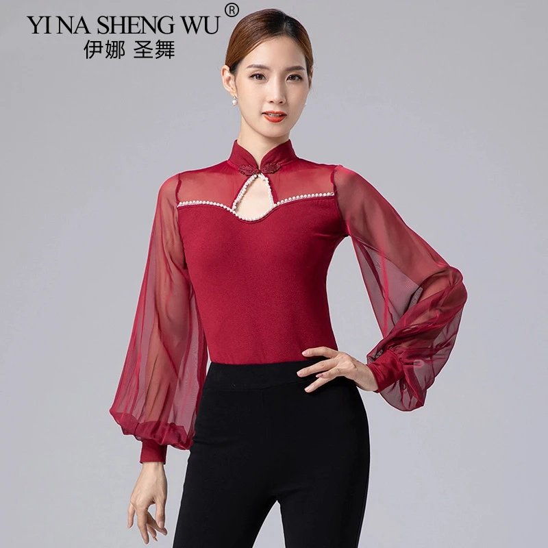 Haut de danse moderne pour femmes, combinaison de danse latine, pratique, étiquette haut de gamme, défilé de mode, danse de salle de bal, haut à manches longues en maille Sexy