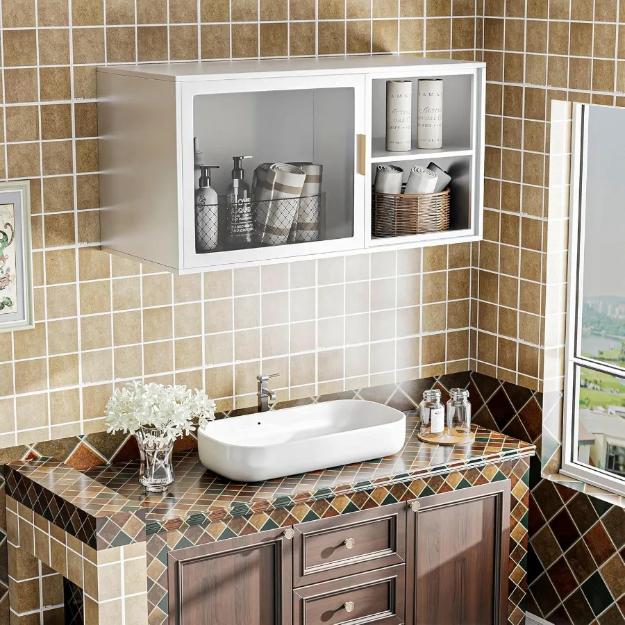 

Bathroom Storage Cabinet Over Toilet Kitchen Wall Mounted Metal Pantry Cabinet with One Glass Doors and ShelvesSmall Organizer