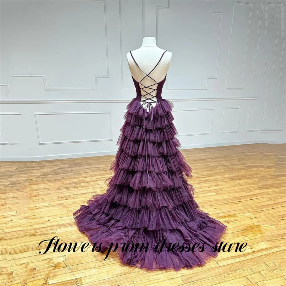 Robes de soirée violet prune à fleurs, dos croisé, robe de nuit multicouche, robe de bal en Tulle personnalisée