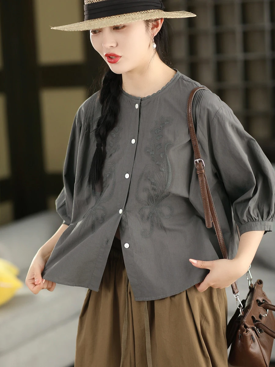 

Retro Embroidered Cotton Shirt round Neck Short Sleeve Women's Breathable Comfortable Fashionable Summer Top Knot