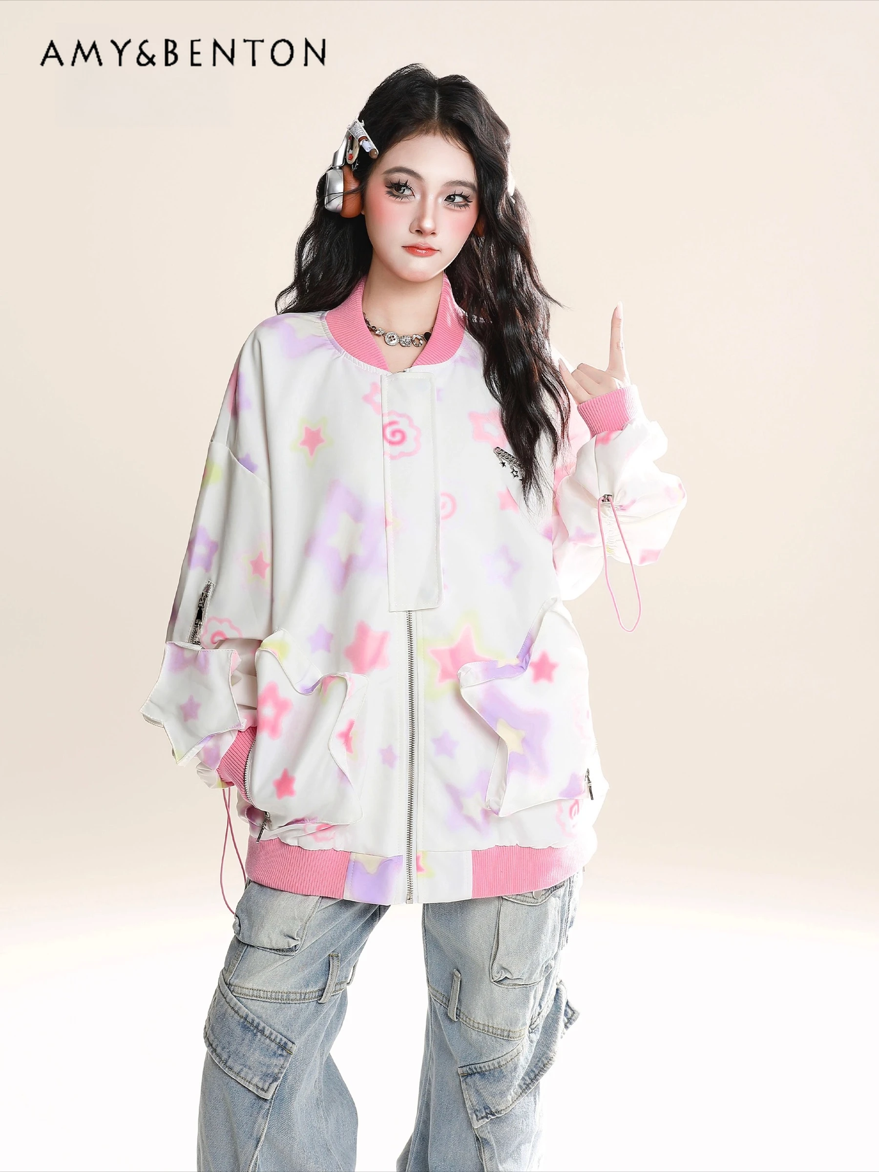 

2025 Spring and Autumn American Retro Style Pink Gradient Star Print Baseball Jacket Loose Versatile Blue Jacket Coat