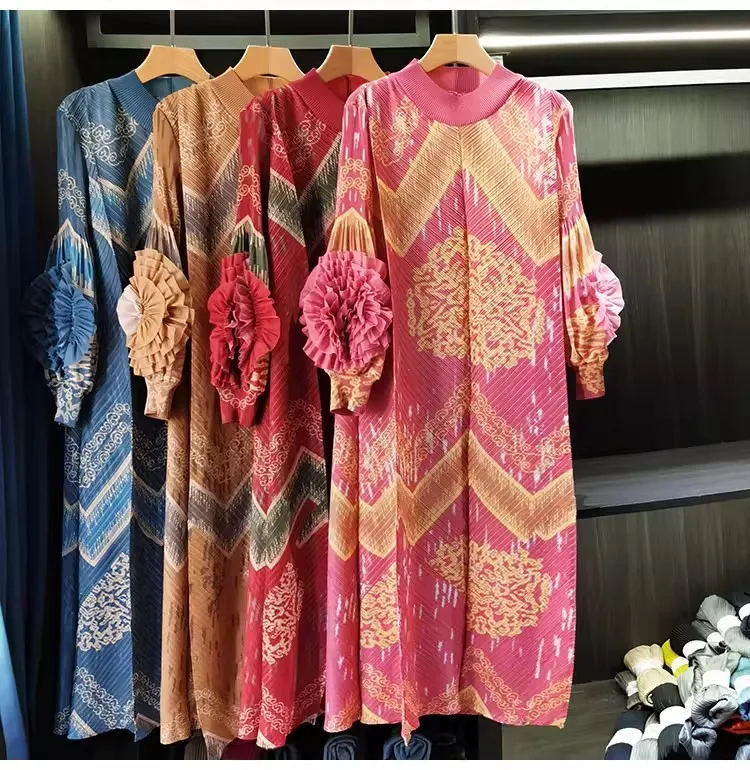 

Miyake Vintage Print Dress Seven Sleeve Casual Dresses 2026 Summer New Outdoor Travel Holiday Long Dress Female Clothing Apparel