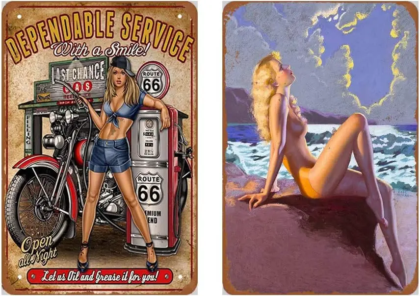 Dmxplus Metal Sign Set of 2 Tin Signs 8 x 12inches - Beach Sexy Pinup Girl Vintage Look Wall Decoration Bar Cafe Home Decor Plaq