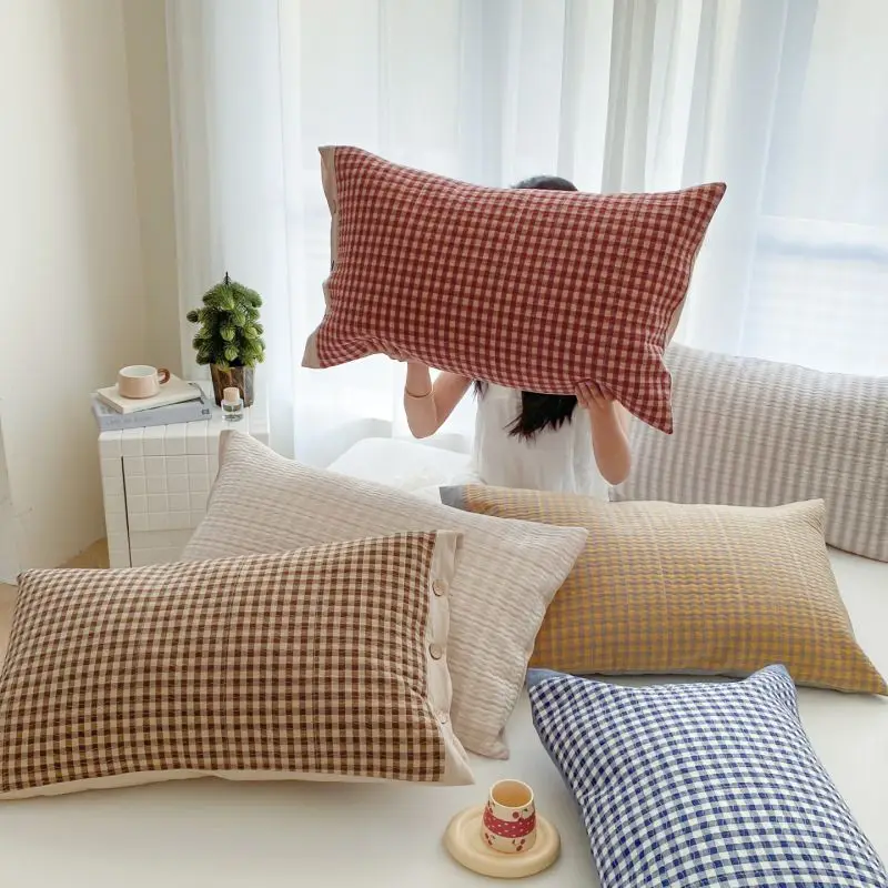 48x74cm Washed Cotton Envelope Pillowcases with Buttons Grid Strip Bed Pillow Cover Soft Breathable Bed Linens for Bedroom Decor