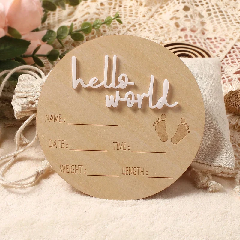 Ylsteed Hello World Wooden Sign, Newborn Birth Celebration Photo Prop