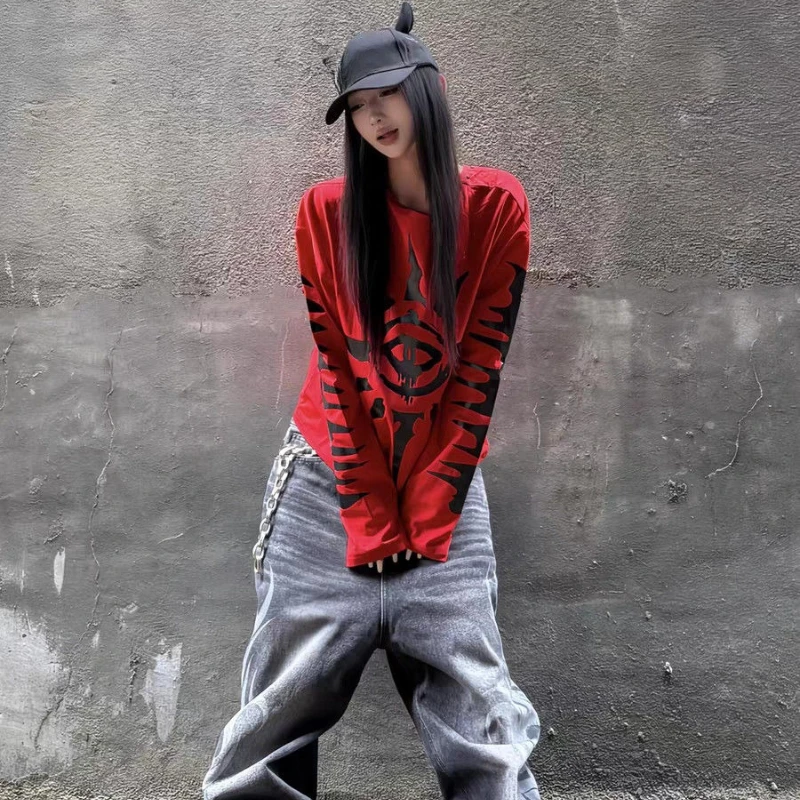 Y2k القوطية الأمريكية خمر كم طويل تي شيرت المرأة عادية الشارع الشهير طباعة القمم س الرقبة Harajuku ريترو سليم 2025 الخريف