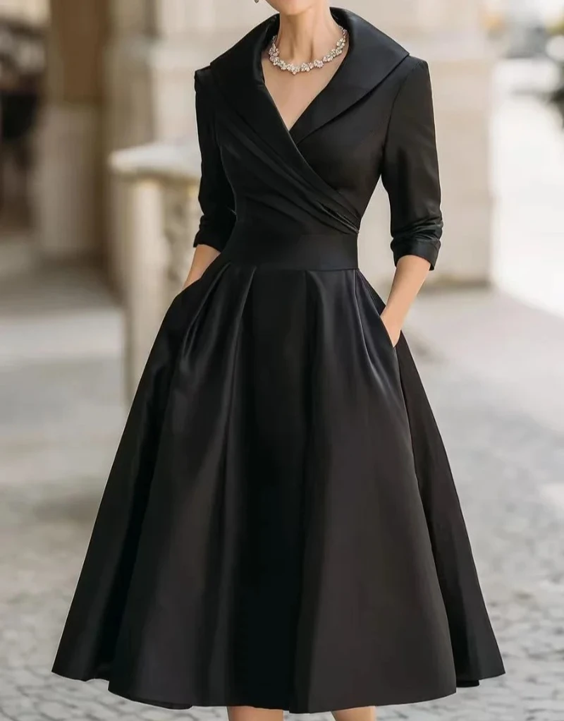 여성용 패셔너블한 출퇴근용 라펠 크로스 플리츠 허리 A라인 원피스