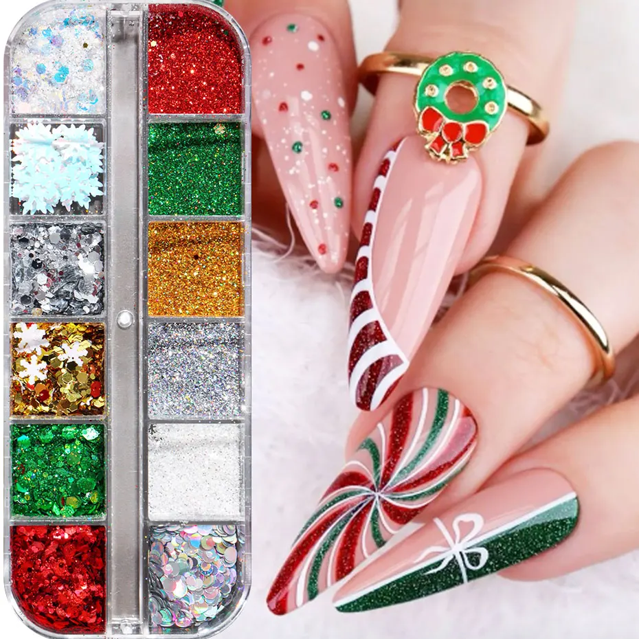 12グリッドクリスマスレーザーネイルグリッターフレーク虹色輝くミックスネイルクロムパウダー3D不規則ホロフレークマニキュアデコレーション