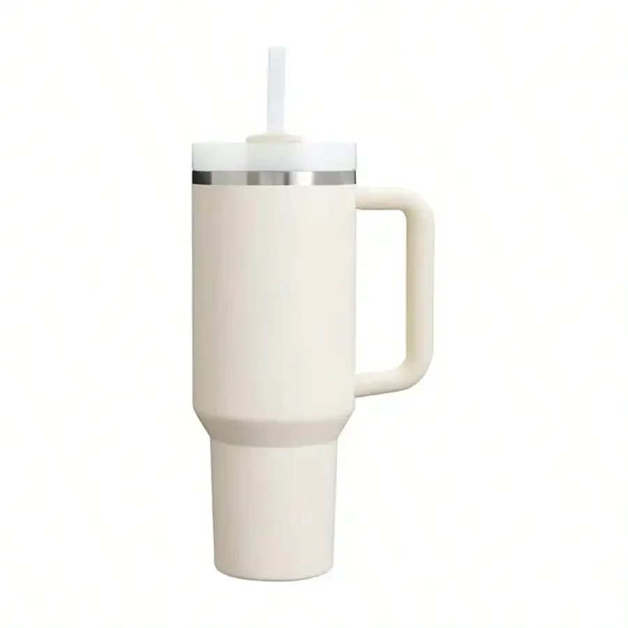 40oz Tumbler with Handle Solid Cream Plain Insulated Cup, Other colors sold out, random black or white shipment for other color orders