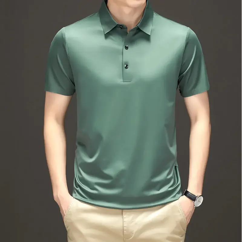 Men\'s Embroidered Mulberry Silk Polo Shirt New Spring/Summer Thin Fashion Business Casual Ice Cool Silk Short Sleeve T-shirt