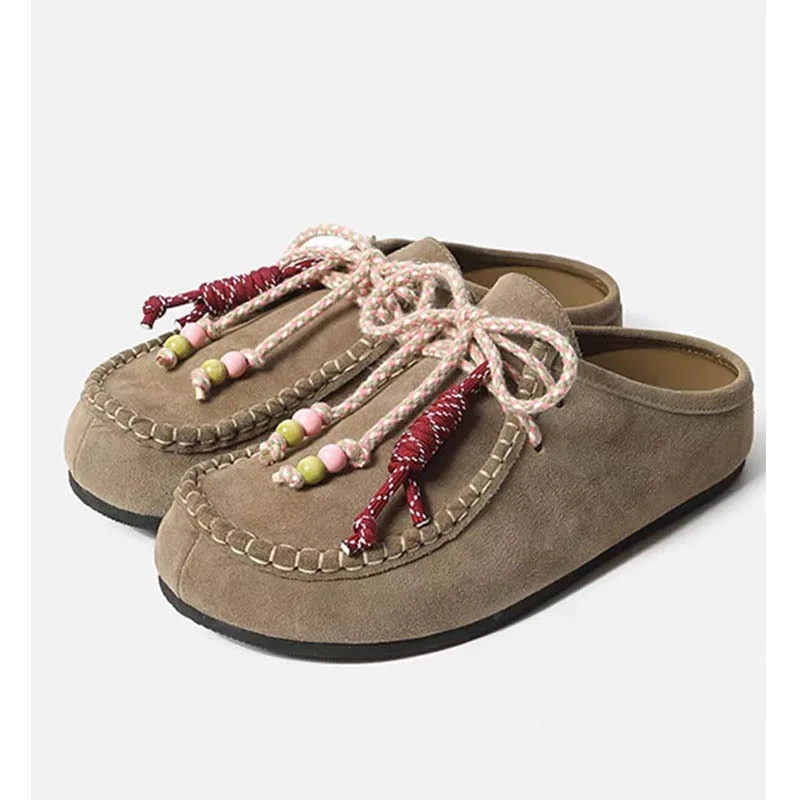 

Spring/Summer New Baotou Half Dragged Cowhide Slippers Thick Bottom One Step Pedal Versatile Women's 36-45 Large Slippers