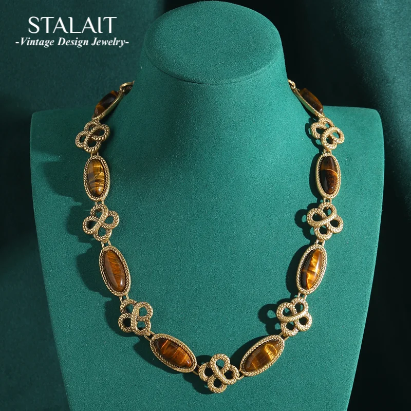 

Vintage Tiger Eye Choker Collar Necklace Jewelry Antique Luxury Gold Color Natural Stone For Woman Elegant Knot Gothic Wedding